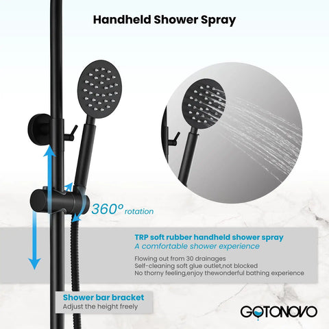 Top Shelf 304 Stainless Steel Outdoor Shower Kit With 8 Inch Rainfall Head And Handheld Sprayer In Slick Matte Black Finish, close-up of handheld shower spray with rubber nozzle.