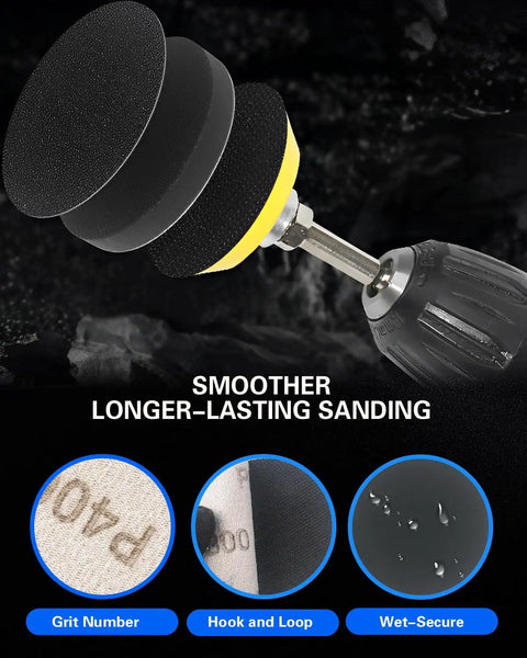 Close-up of 194 Pc 2 Inch Wet Dry Sanding Discs Kit with sanding disc attached to rotary tool showcasing features.