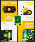 X2 Self Leveling Laser Level With 2.2Ah Rechargeable Battery, 197ft Range, Outdoor Pulse Mode, Green Beams, product features