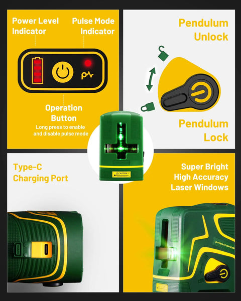 X2 Self Leveling Laser Level With 2.2Ah Rechargeable Battery, 197ft Range, Outdoor Pulse Mode, Green Beams, product features