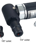 Right Angle Pneumatic Die Grinder 25000 RPM Air Powered Tool Featuring 1/4 And 1/8 Collets with collet details.