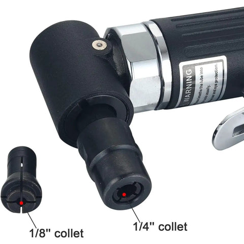 Right Angle Pneumatic Die Grinder 25000 RPM Air Powered Tool Featuring 1/4 And 1/8 Collets with collet details.