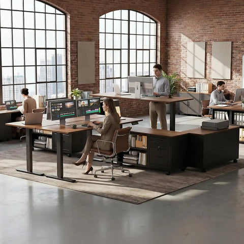 Office setting with 55 Inch L Shaped Electric Standing Desk With Drawers And File Cabinet Sets, walnut and black, in use by professionals.