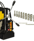 Tough As Nails Magnetic Drill Press With 1850 Watt Motor And Precision Rack And Pinion Depth Setup showing motor and 13 HSS cutters.