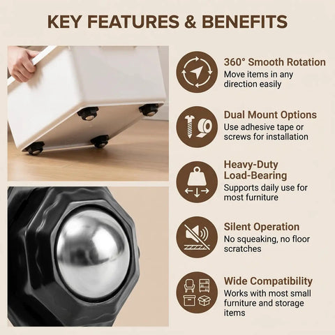 4 Pack Self Adhesive Swivel Caster Wheels with tapes and screws, 360 degree rotation, key features and benefits displayed
