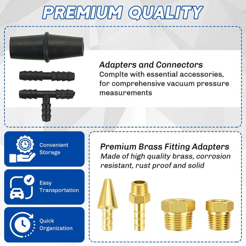 Automotive fuel pump and vacuum tester gauge kit with four brass fittings and black adapters