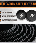 HORUSDY hole saw set, 24-piece kit; two black circular hole saws with serrated teeth, macro view