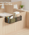Cubicle Friendly Hanging Basket Organizer For Office Desk Essentials with pens and books, no drilling needed on partition edges