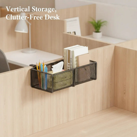 Cubicle Friendly Hanging Basket Organizer For Office Desk Essentials with pens and books, no drilling needed on partition edges