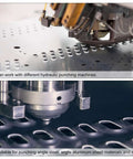 Fourteen Millimeter Hydraulic Hole Punch Kit For Electric Punching Machine MHP-20 JP-20 creating precise round holes in sheet metal.