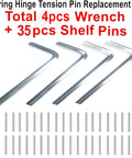 Spring Hinge Tension Pin Replacement Kit with 4 hex wrenches and 35 stainless steel shelf pins for DIY repairs