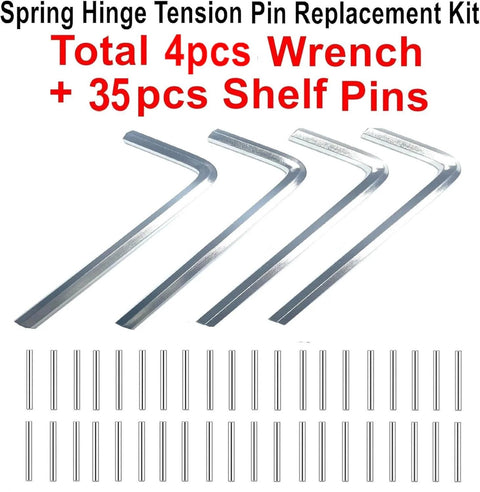 Spring Hinge Tension Pin Replacement Kit with 4 hex wrenches and 35 stainless steel shelf pins for DIY repairs