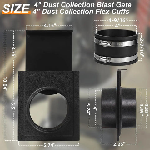 Heavy Duty Four Inch Dust Collection Kit With Y Splitter Hose Connector And Blast Gate Valve dimensions and fittings.