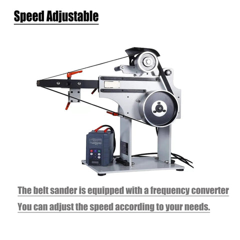 Heavy Duty Variable Speed Belt Sander And Knife Grinder Featuring Wheel Plus Flat Platen Tool Rest For Metal And Wood Polishing 1500W Motor 220V Rock Solid Reversible Workbench with adjustable speed controls.