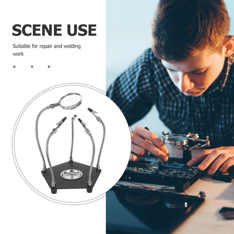 Universal Soldering Helping Hands Tool with Adjustable Arms and Stable Base used in PCB repair and electronics welding station.