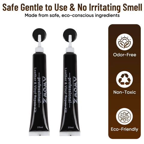 Two 25ml tubes of black leather repair kit for furniture sofas jackets and car interiors, odor-free and eco-friendly.