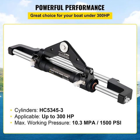 Heavy Duty Outboard Hydraulic Steering Kit For Boats Up To 300HP Front Mount Cylinder Set HC5358-3 And HC5345-3 No Helm Pump Or Steering Hose Needed Built For Strong Steering And 1500 PSI High Pressure With Crush Resistant Seals