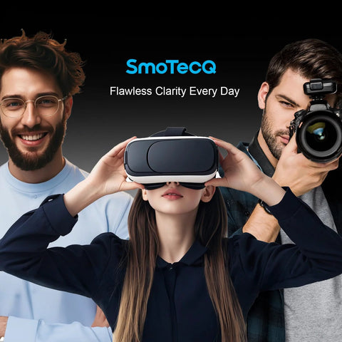 SmoTecQ branding banner with logo and three people wearing VR headsets against a dark gradient.