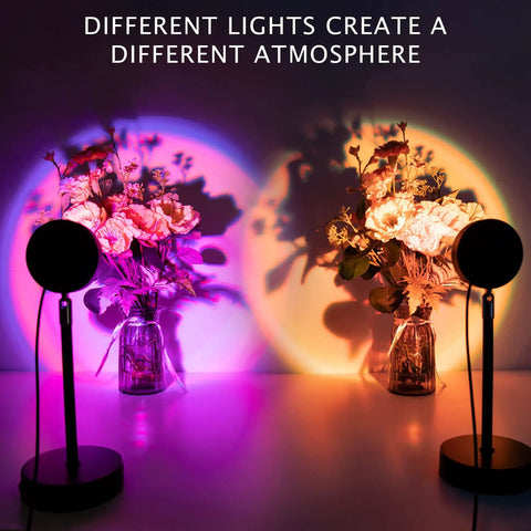 Projection Lamp With App Remote 360 Degree Rotation 16 Color RGB LED Lights casting colorful circles on flowers
