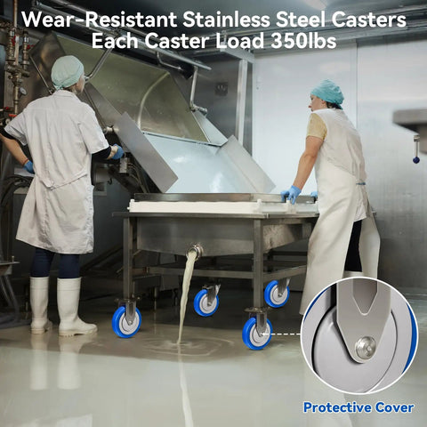 Tough As Nails Five Inch Stainless Steel Casters Smooth As Butter Polyurethane Wheels Built Like A Tank Industrial Swivel Set in use with 350 lbs load capacity.