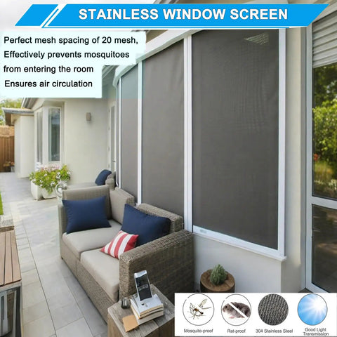 Built To Last Heavy Duty Stainless Steel Mesh Screen 20 Mesh 304 Rust Resistant Fine Wire Roll 15.7 Inches By 147 Inches For Vent Screens Window Screens Filters Cages Garden Covers All Weather Outdoor Indoor Use installed on patio window