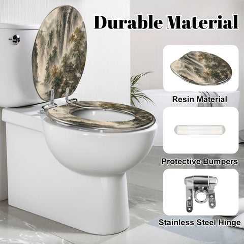 Elongated Misty Mountain Waterfall Landscape Chinoiserie Toilet Seat with durable resin, soft-close hinge, and protective bumpers.