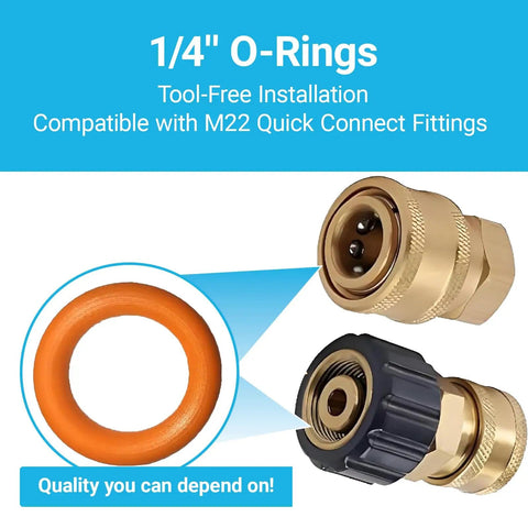 Leak Proof One Quarter Inch Pressure Washer O Rings Set For Quick Couplers That Fit M22 Connectors 100 Pack High Temperature Oil Resistant Replacement Seals Kit With Reusable Storage Case Orange shown with image of O-ring and connectors.