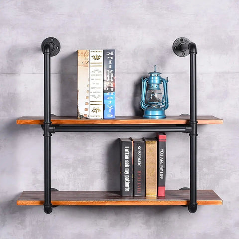 Industrial shelf with 1 Inch Black Pipe Fittings 4 Way Side Outlet Tee, malleable cast iron, for vintage style furniture.