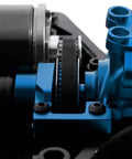 Close-up of TT02 Beefed Up Belt Drive RC Car Transmission System with 36T and 16T aluminum pulleys and metal spur gear for Tamiya 1/10 cars.