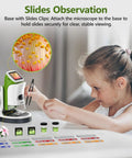 Handheld Digital Microscope With Screen 4K Clarity 1000X Magnification Kid Friendly Awesome STEM Science Kit Gift Toys For Curious Young Scientists Aged 5 And Up, child using slide base