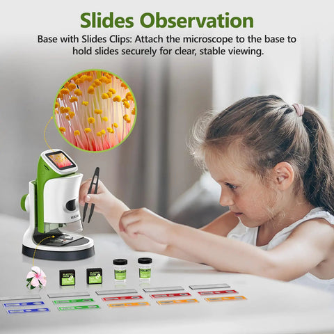 Handheld Digital Microscope With Screen 4K Clarity 1000X Magnification Kid Friendly Awesome STEM Science Kit Gift Toys For Curious Young Scientists Aged 5 And Up, child using slide base