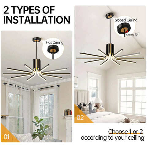 Modern LED Chandelier 82W Black And Gold 10 Light Ceiling Pendant With Dimmable Remote Control for flat and sloped ceilings