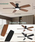 Low Profile 52 Inch Brown Ceiling Fan With Lights Remote And App Control DC Motor Quiet Flush Mount dimensions shown with two blade colors.
