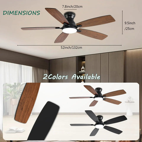 Low Profile 52 Inch Brown Ceiling Fan With Lights Remote And App Control DC Motor Quiet Flush Mount dimensions shown with two blade colors.