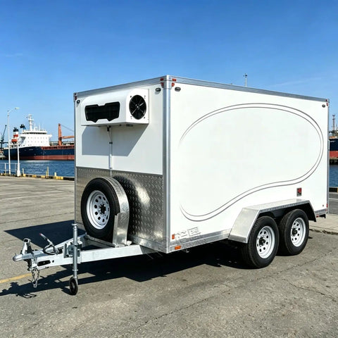 Sleek Portable Refrigerated Trailer Featuring Heavy Duty Mobile Cooling System For Catering Teams And Large Outdoor Events, rear view.