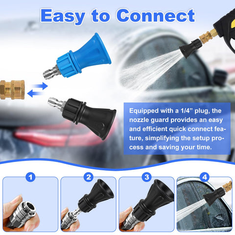 2 Pack Pressure Washer Nozzle Guard With 25 Degree And 40 Degree Tips, Stainless Steel Protector Holder, One Quarter Inch Male Quick Connect shown with installation steps