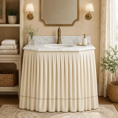 Peel And Stick Under Sink Skirt Cover In Crisp White Pleated Cotton conceals plumbing under a stylish vanity sink.