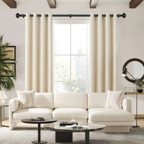 Living room with window dressed in Heavy Duty Curtain Rod Set For Windows 72 To 144 Inches 7/8 Inch Adjustable Drapery Rods.