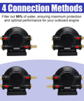 Four Fuel Water Separator Marine Kit For Outboard Motors With Three Eighth Barb And One Quarter NPT Brass Fittings.