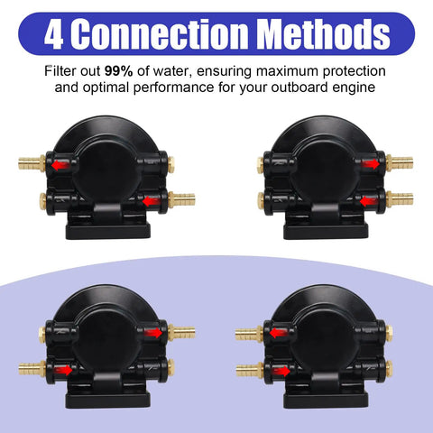 Four Fuel Water Separator Marine Kit For Outboard Motors With Three Eighth Barb And One Quarter NPT Brass Fittings.