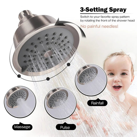 Shower head displaying 3-setting spray options with massage, pulse, and rainfall beside smiling child in bath