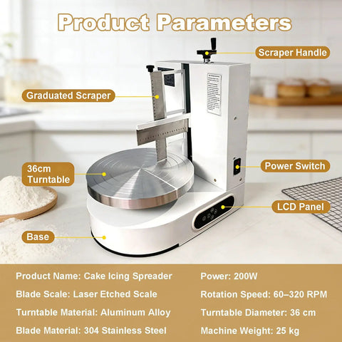 Commercial Cake Icing Machine With Smart LCD Panel, 36cm Turntable, Adjustable Scrapers, Bakery Kitchen Setup
