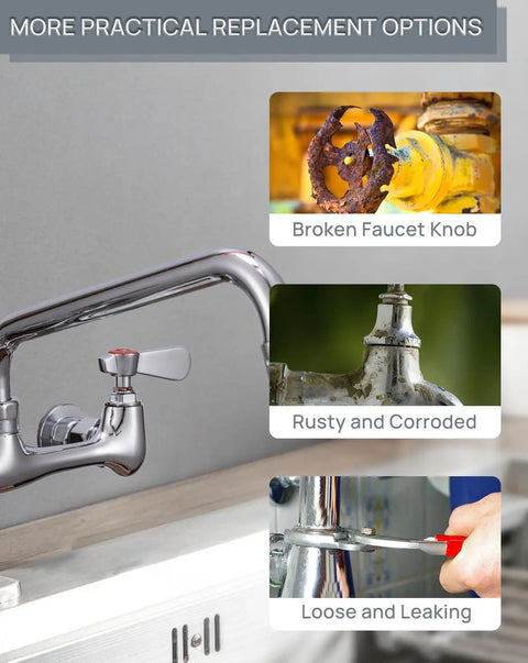 Premium 2 Pack Faucet Handle Replacement Kit Boasting A Beefy 0.43 Inch Stem And Rock Solid 20 Point Broach Interface, showcasing various faucet issues.