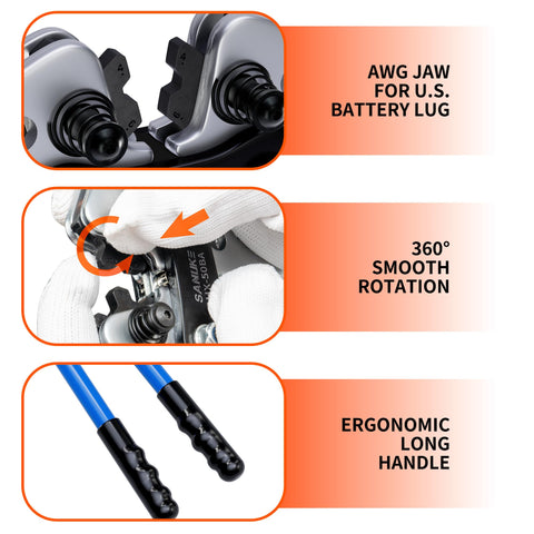 Heavy Duty Battery Cable Crimp Tool Kit Go To Eight To One Aught AWG Cables With Twelve Copper Lugs Three Eighths Inch Size Three To One Heat Shrink Tubing Ideal For RV Marine And DIY Wiring Projects with close-up on AWG jaw, rotation, and handle features