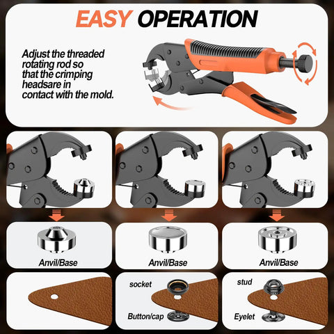 All In One Heavy Duty Snap Fastener Tool Kit With 100 Sets Of Canvas Snaps 380 Pieces showing operation steps and components