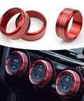 Red AC Knob Cover and Center Console Button Ring Trim for Forester 2014-2018, Crosstrek 2013-2017, Impreza 2014-2016, WRX STi 2015-2020 Dash Control Accessories With Dope Look displayed and installed on a Subaru dashboard.