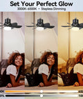 Portable Solar Ceiling Fan With Lights For Outdoor Use Off Grid Ready, 18.5 Inch Blade above smiling woman, stepless dimming