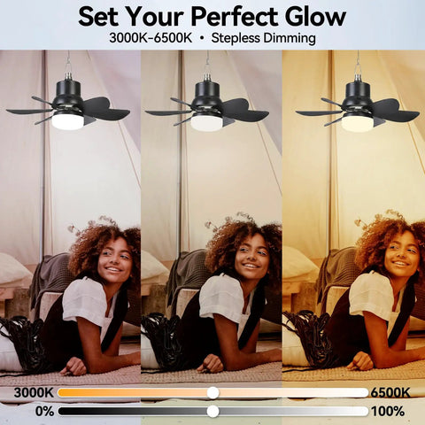 Portable Solar Ceiling Fan With Lights For Outdoor Use Off Grid Ready, 18.5 Inch Blade above smiling woman, stepless dimming
