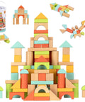 Wooden building blocks toy set, 100 pieces; colorful castle built from blocks with arches and towers.