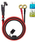 10 AWG 2 Ft Charger Cable With SAE To O Ring Terminal Quick Disconnect Harness, 2 Pin SAE Connector Extension Cord With 15 And 20 Amp Fuse For Car, Motorcycle, And Solar Panel shown coiled with blue and yellow fuses